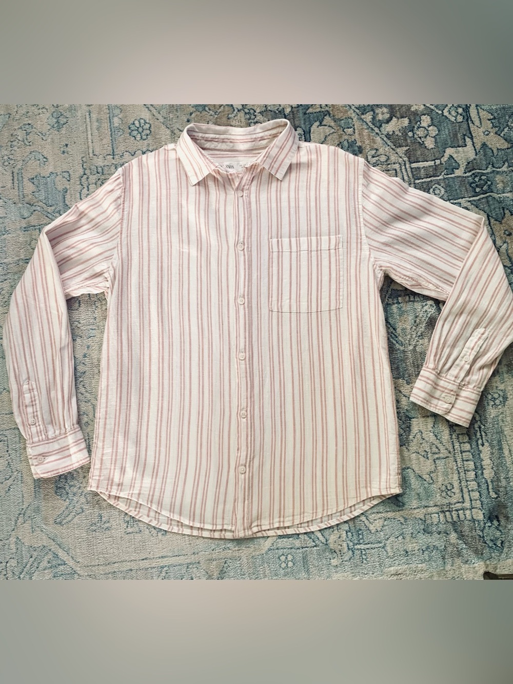 Zara  Boys  Pink & White Linen Striped Long Sleeve Button-Up Shirt Size 11/12